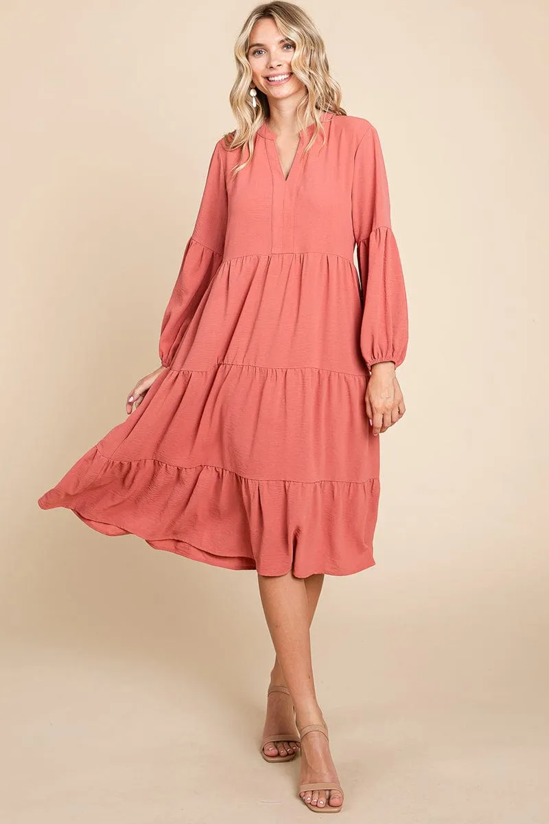 Tiered V Neck Long Sleeve Ruffle Hem Midi Dress