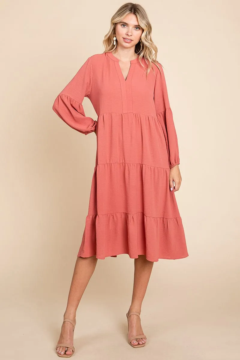 Tiered V Neck Long Sleeve Ruffle Hem Midi Dress