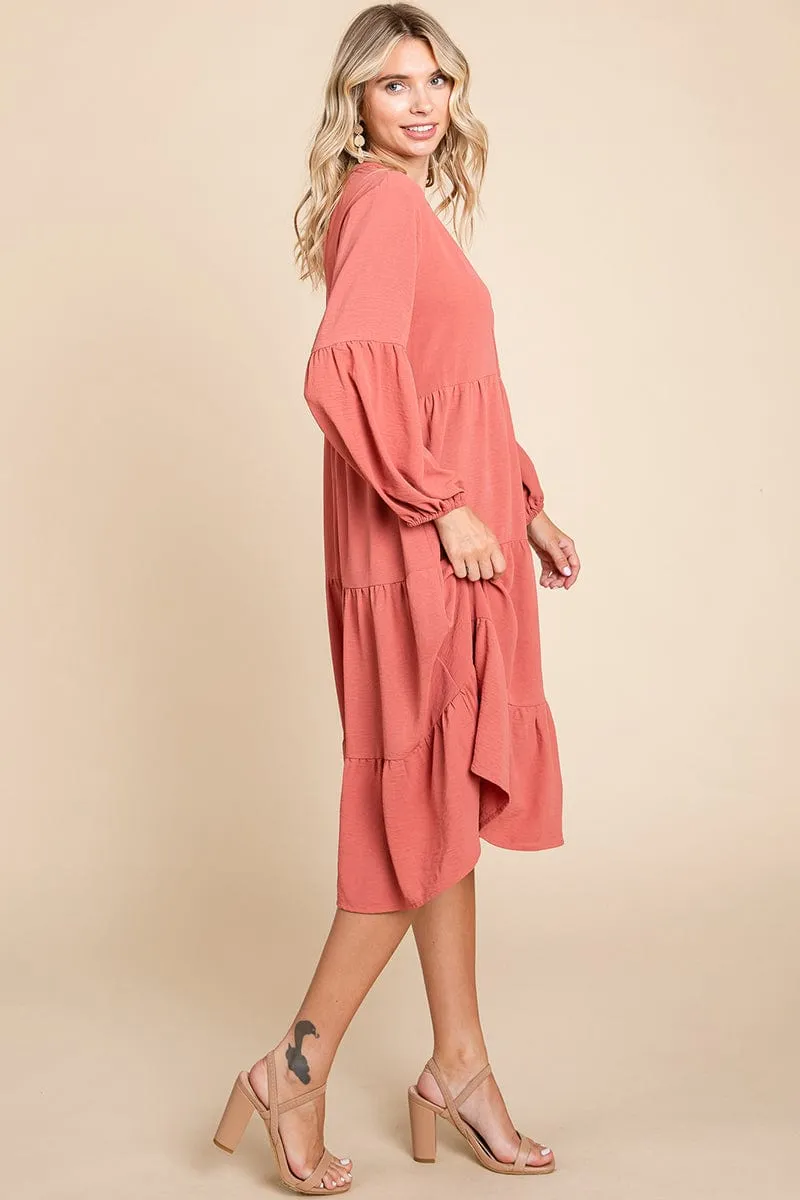 Tiered V Neck Long Sleeve Ruffle Hem Midi Dress