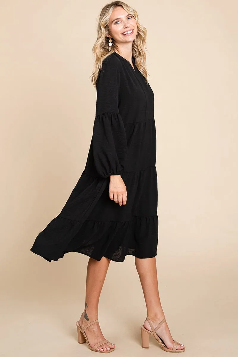 Tiered V Neck Long Sleeve Ruffle Hem Midi Dress