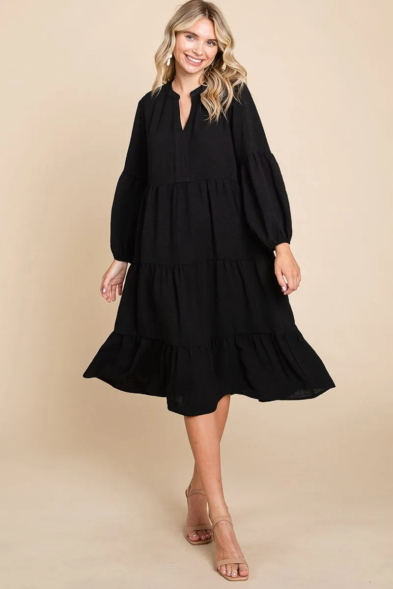 Tiered V Neck Long Sleeve Ruffle Hem Midi Dress