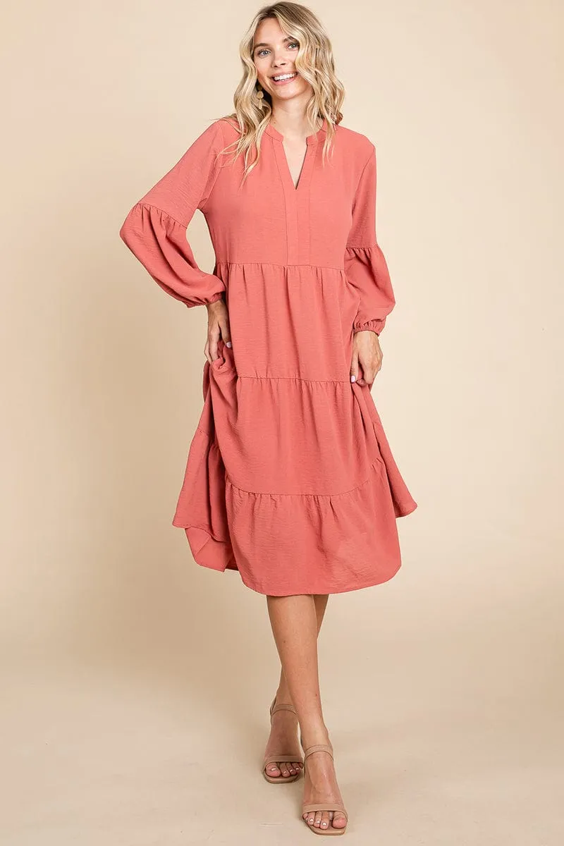 Tiered V Neck Long Sleeve Ruffle Hem Midi Dress