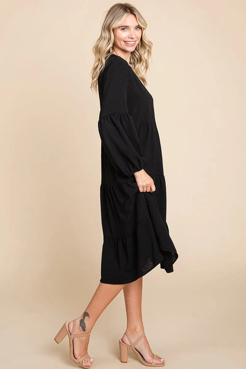 Tiered V Neck Long Sleeve Ruffle Hem Midi Dress