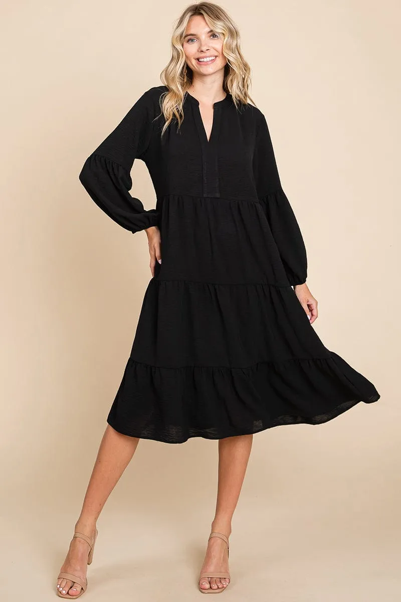 Tiered V Neck Long Sleeve Ruffle Hem Midi Dress