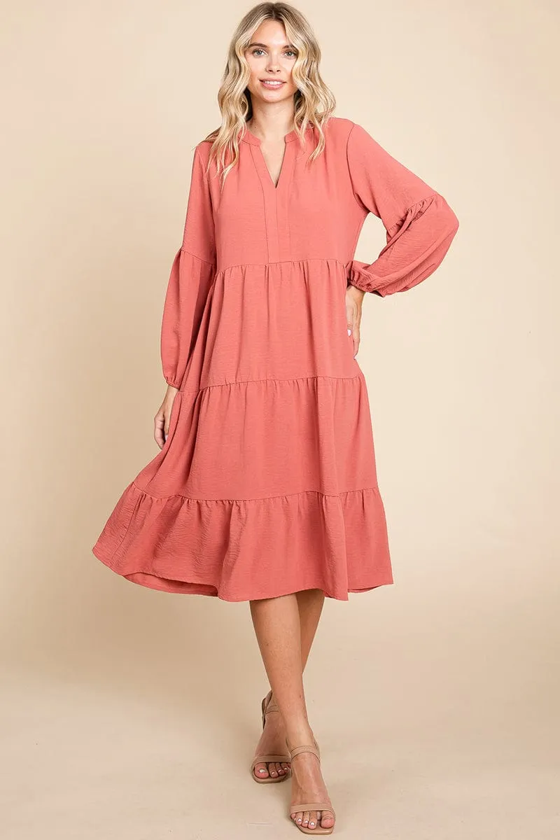 Tiered V Neck Long Sleeve Ruffle Hem Midi Dress