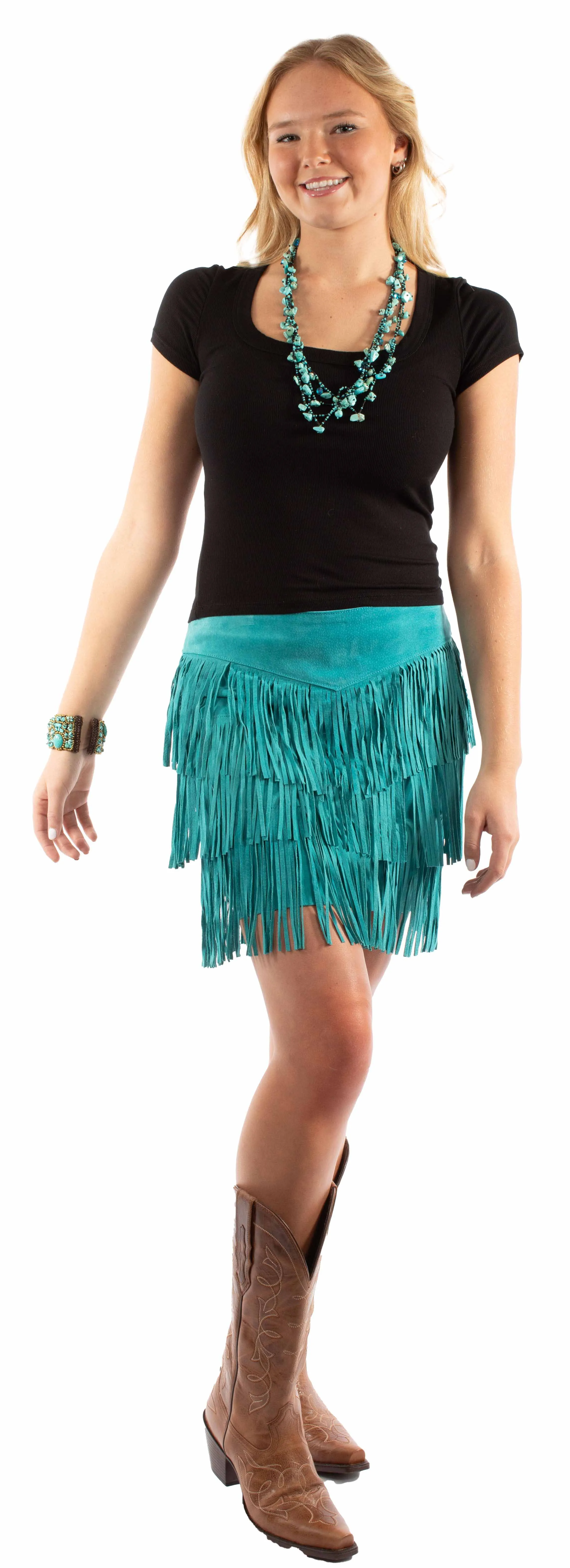 Turqoise Short Fringe Leather Skirt at Bourbon Cowgirl