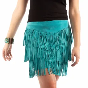 Turqoise Short Fringe Leather Skirt at Bourbon Cowgirl