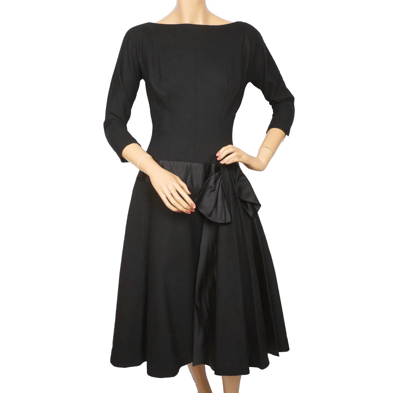 Vintage 50s Dress Black Wool and Satin Size M