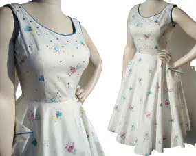 Vintage 50s Dress Novelty Print & Rhinestones Circle Skirt M