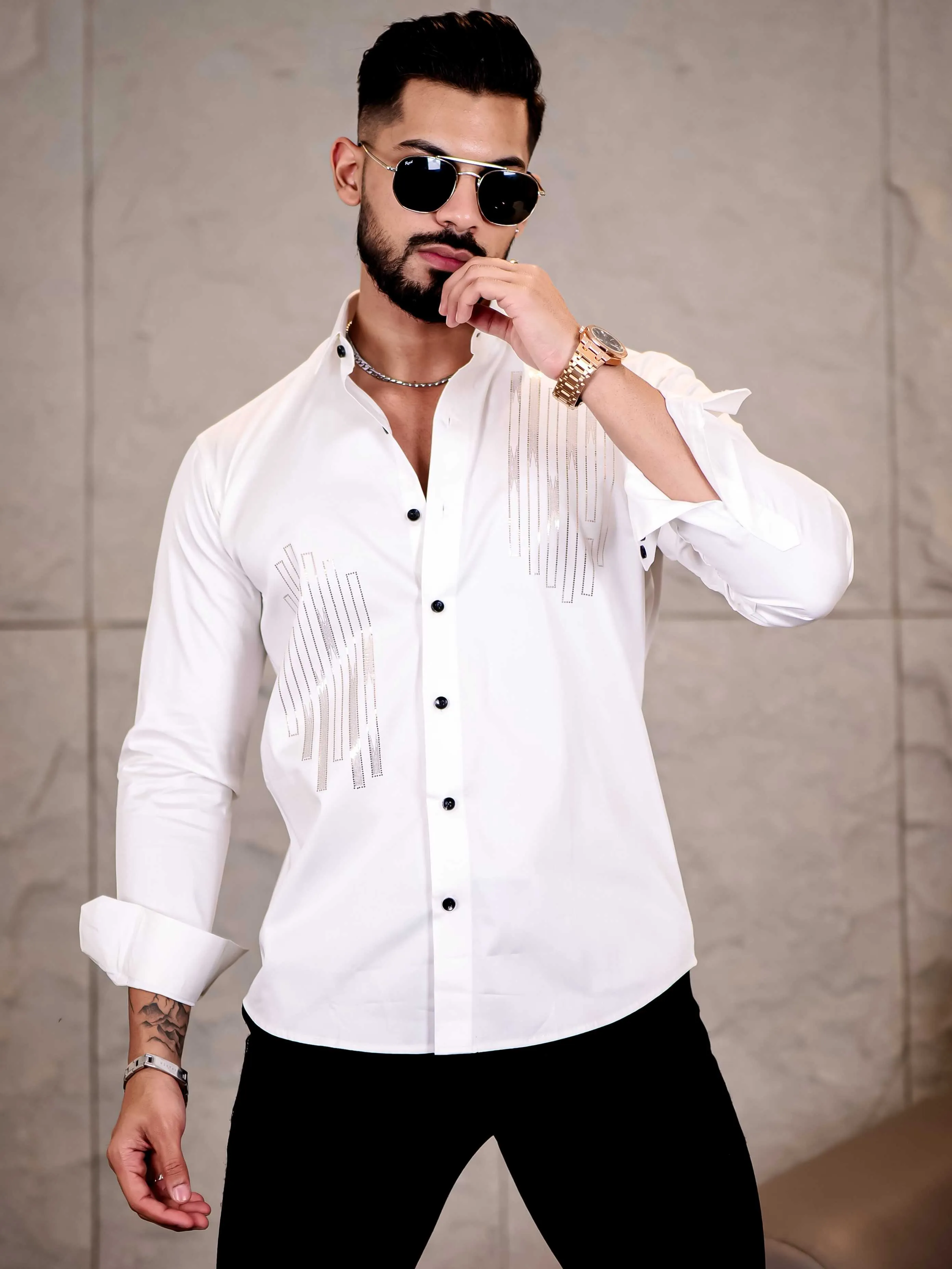 White Sequence Club Wear Satin Cotton Party Shirt