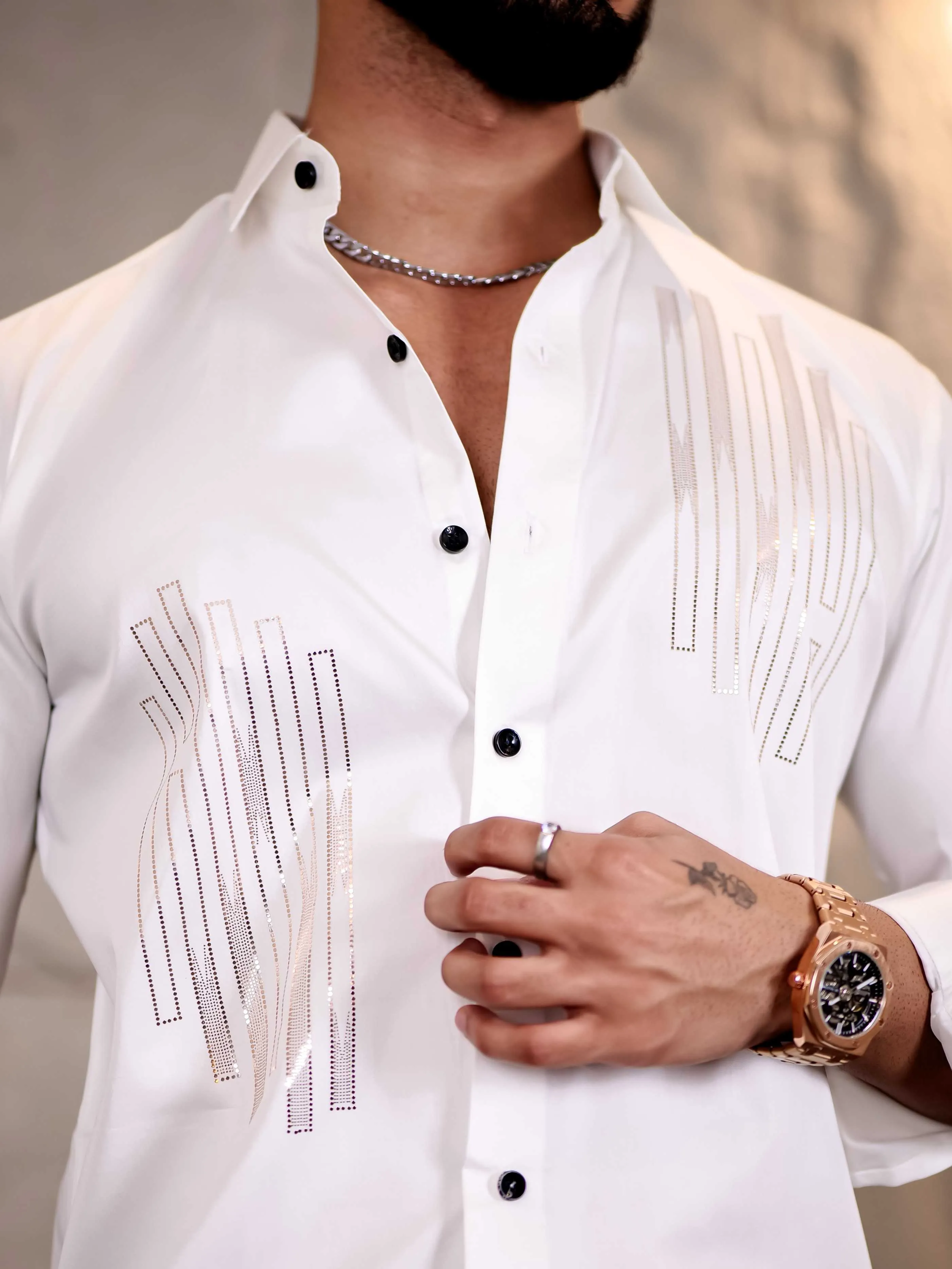 White Sequence Club Wear Satin Cotton Party Shirt