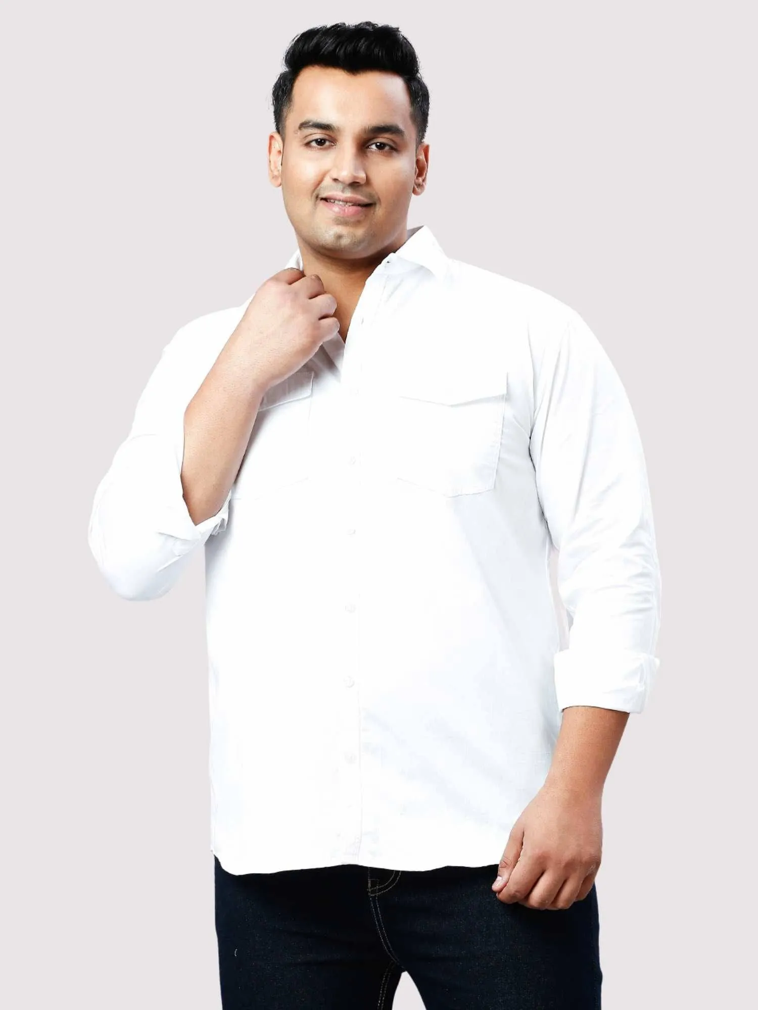 White Solid Pure Cotton Double Pocket Full Sleeve Shirt Men's Plus Size