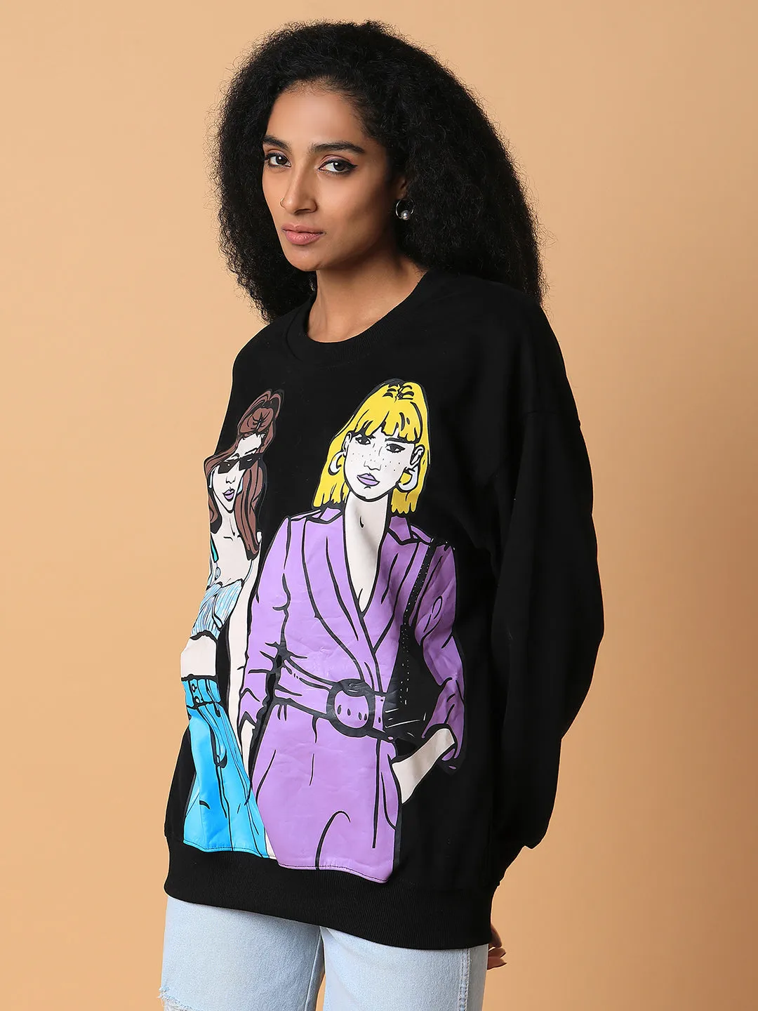 Women Graphic Black Oversized Pullover