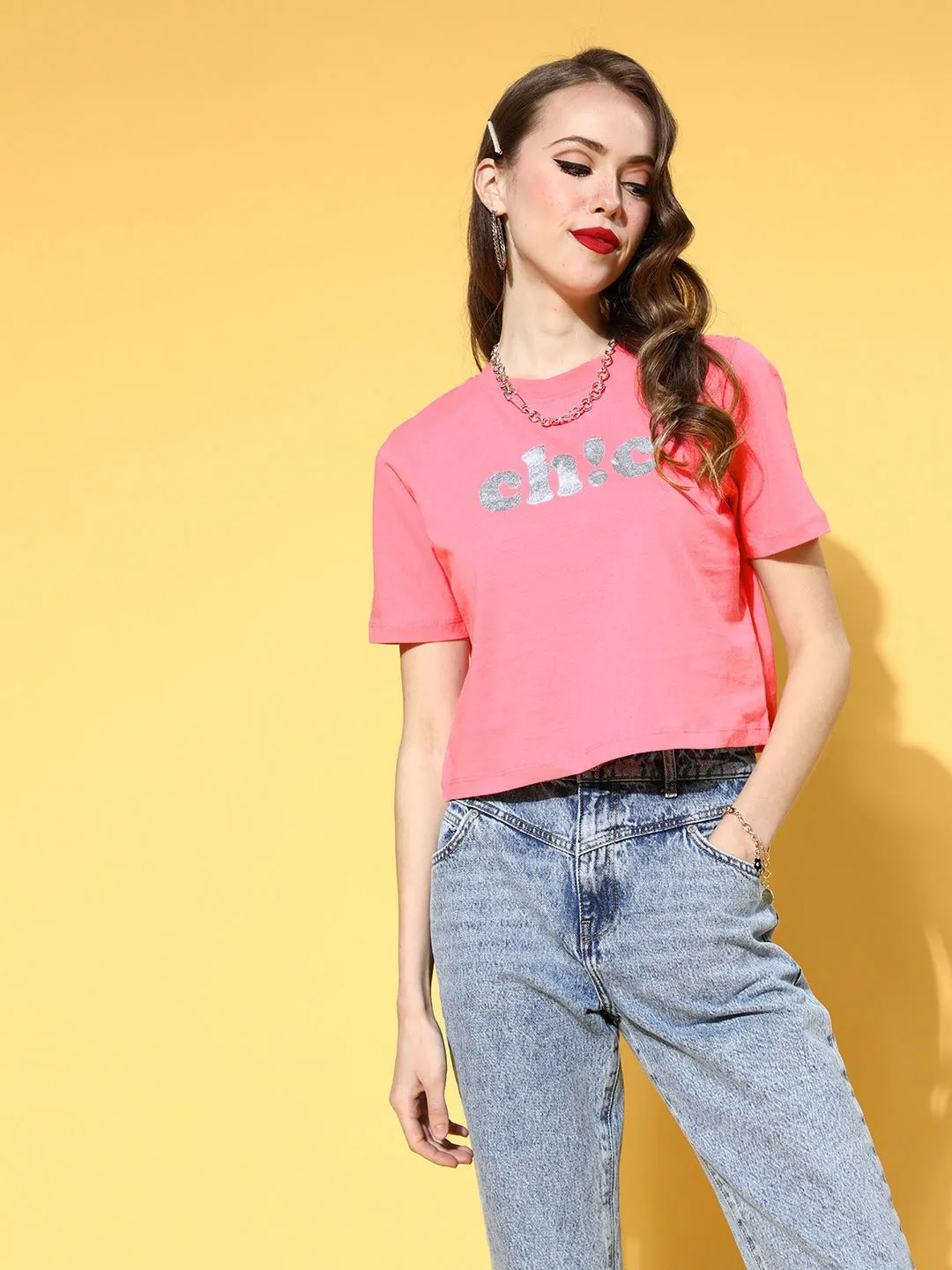 Women Pink Chic Crop Slim Fit Crop T-Shirt