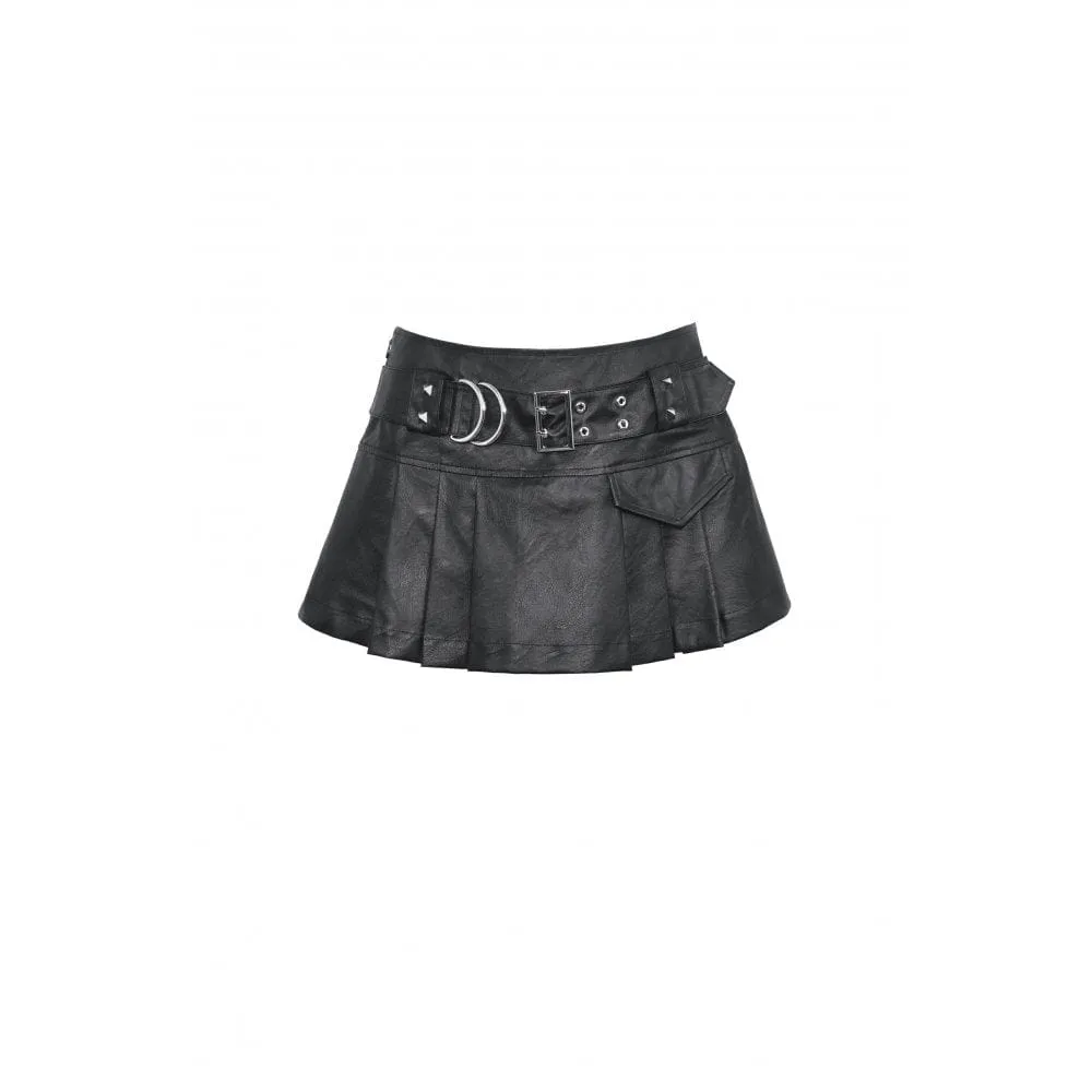 Women's Punk Buckle Faux Leather Pleated Skirt