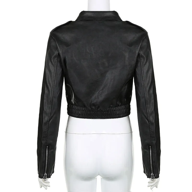 Women's Retro Hong Kong Style Lapel Long-sleeved Leather Jacket