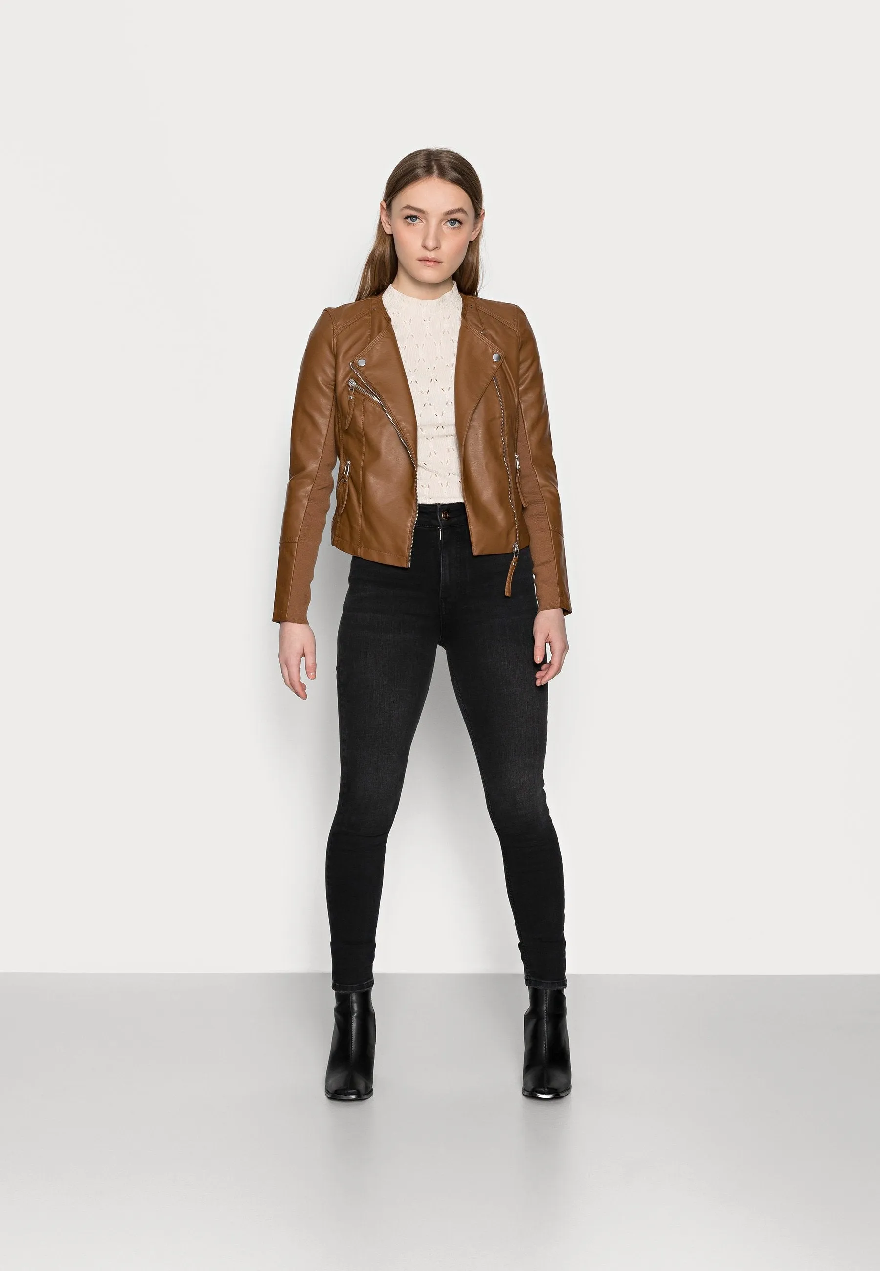 Women’s Tan Brown Genuine Leather Biker Jacket