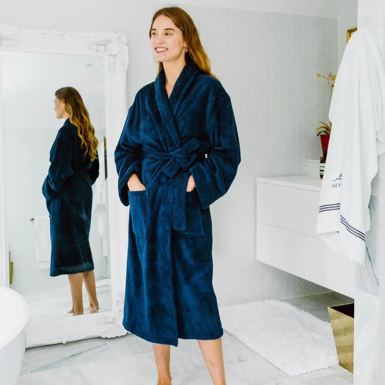 Women's Towelling Cotton Bathrobe - Navy Blue