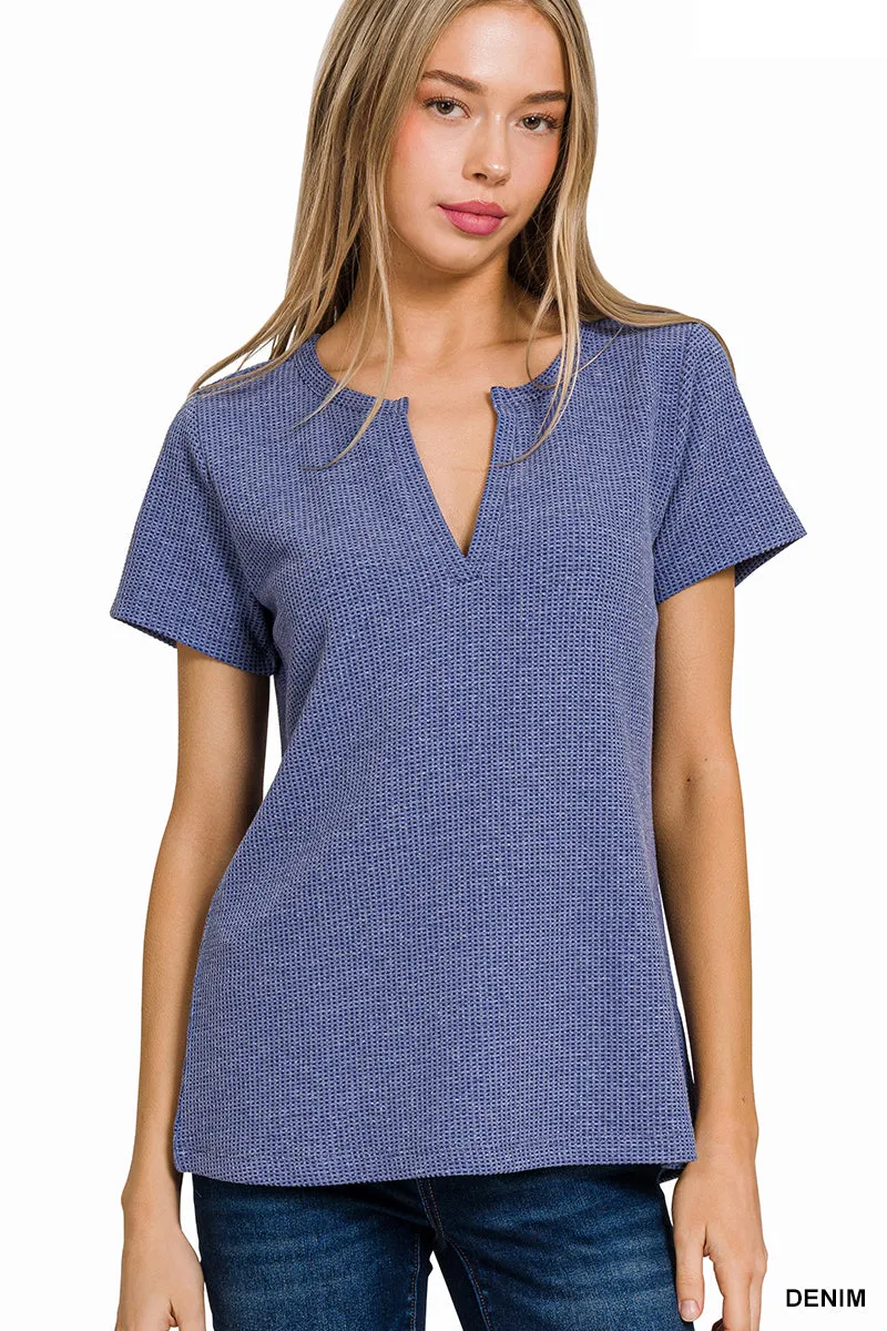 ZENANA MELAGE BABY WAFFLE HENLEY NECK SHORT SLEEVE TOP (MULTIPLE COLORS)